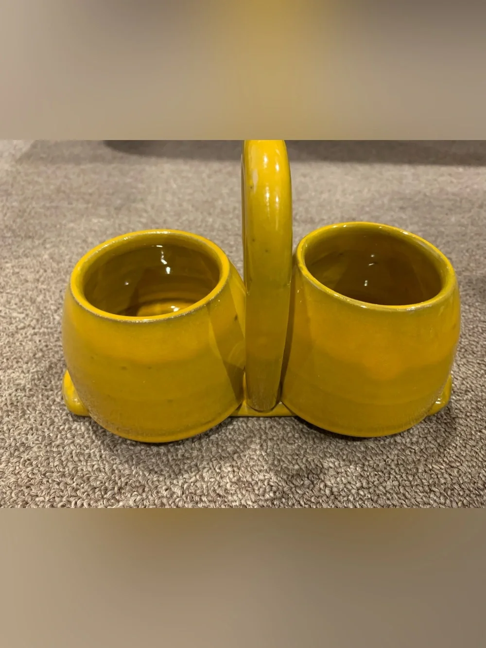 vintage yellow ceramic double-compartment condiment or jam jar